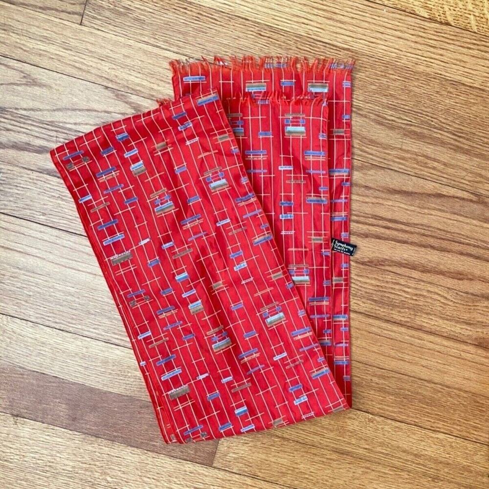 VTG Symphony Scarfs Red Lines Blocks Geometric MCM Retro Fray Ends Thin Scarf